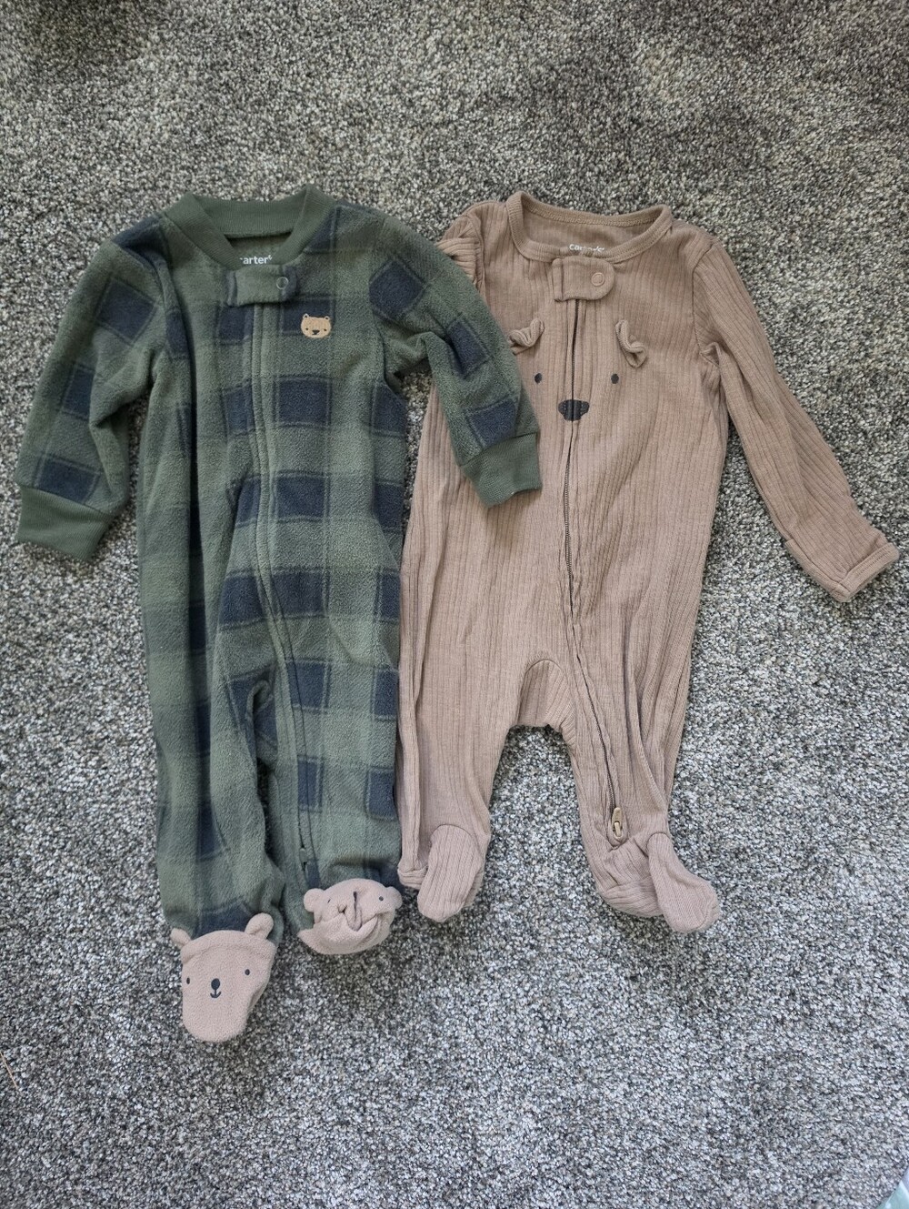 Carter's Green Plaid & Beige Bear Footed One-Piece Set